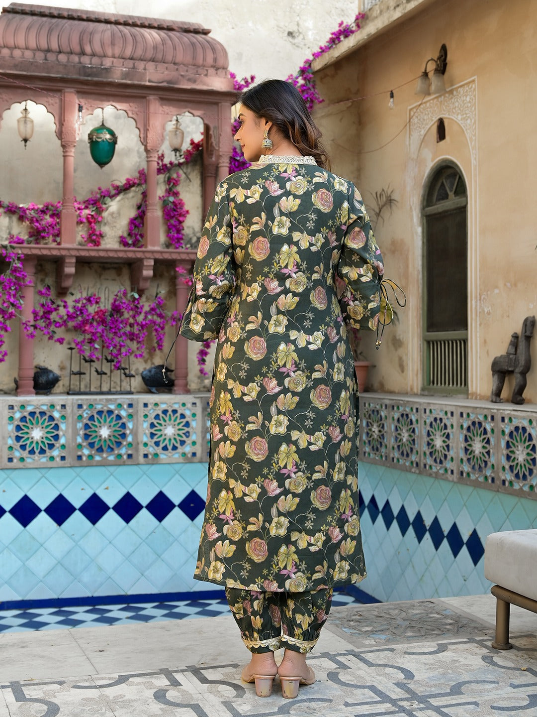 Olive Green Floral Print Straight Kurta Trouser Set-Yufta Store-1885SETGRS