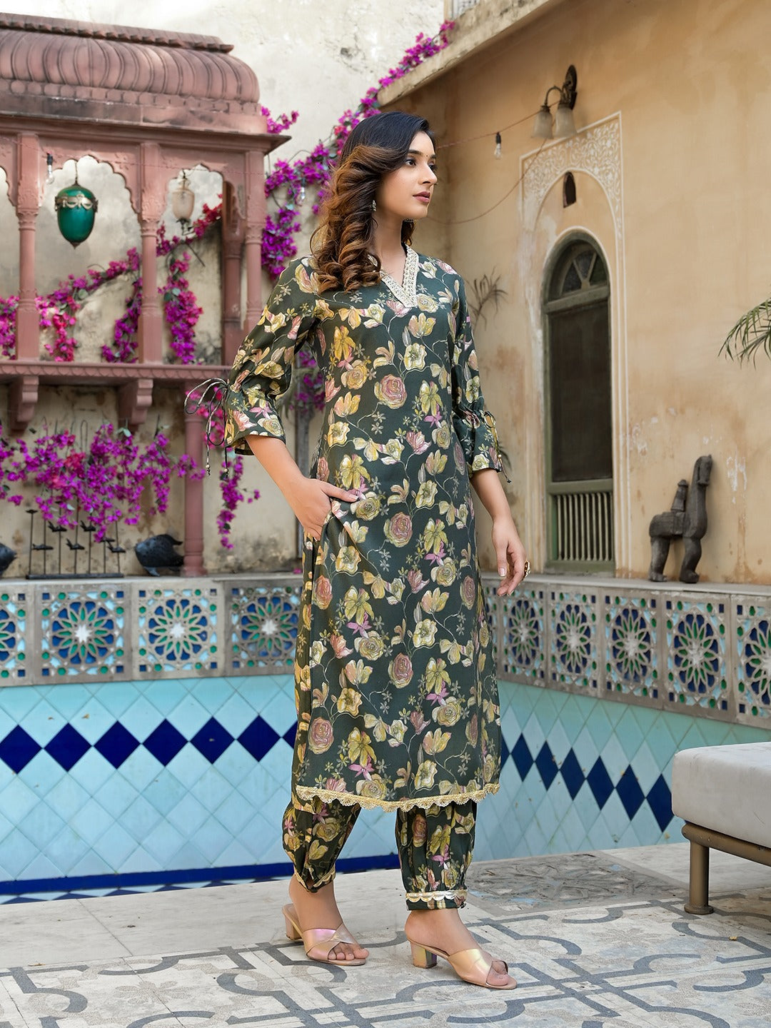 Olive Green Floral Print Straight Kurta Trouser Set-Yufta Store-1885SETGRS