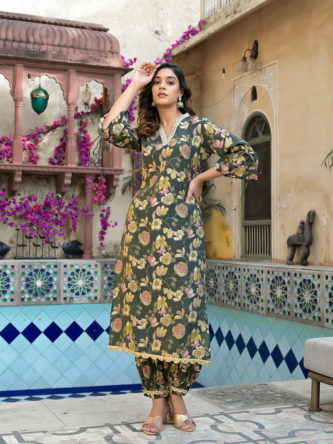 Olive Green Floral Print Straight Kurta Trouser Set-Yufta Store-1885SETGRS