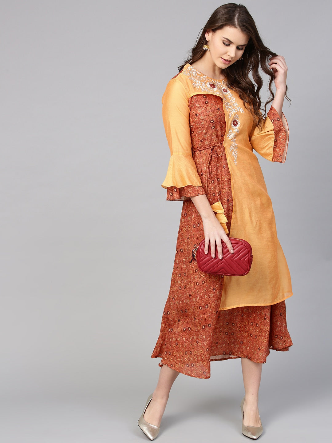 Orange & Brown A-Line Kurta-Yufta Store-YUFPKU1797S