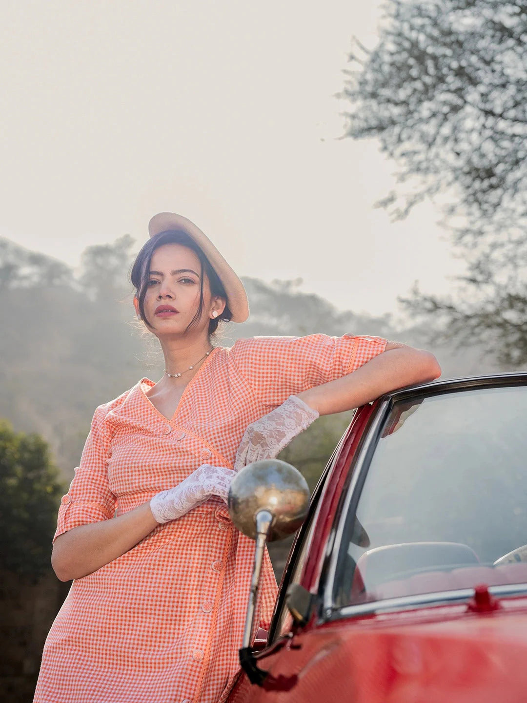 Orange Cotton Check Comes With A Belt Dress-Yufta Store-1803DRSORS