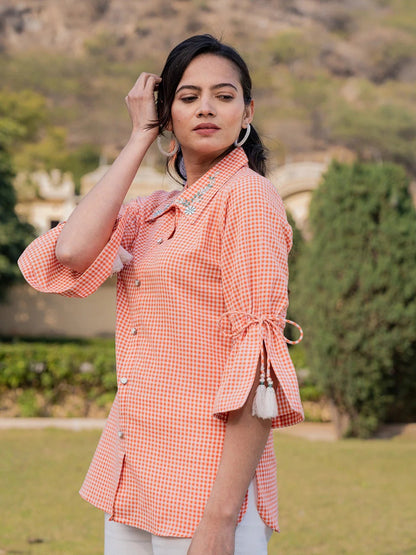 Orange Cotton Checks Printed Embroidery Top-Yufta Store-1499TOPORS