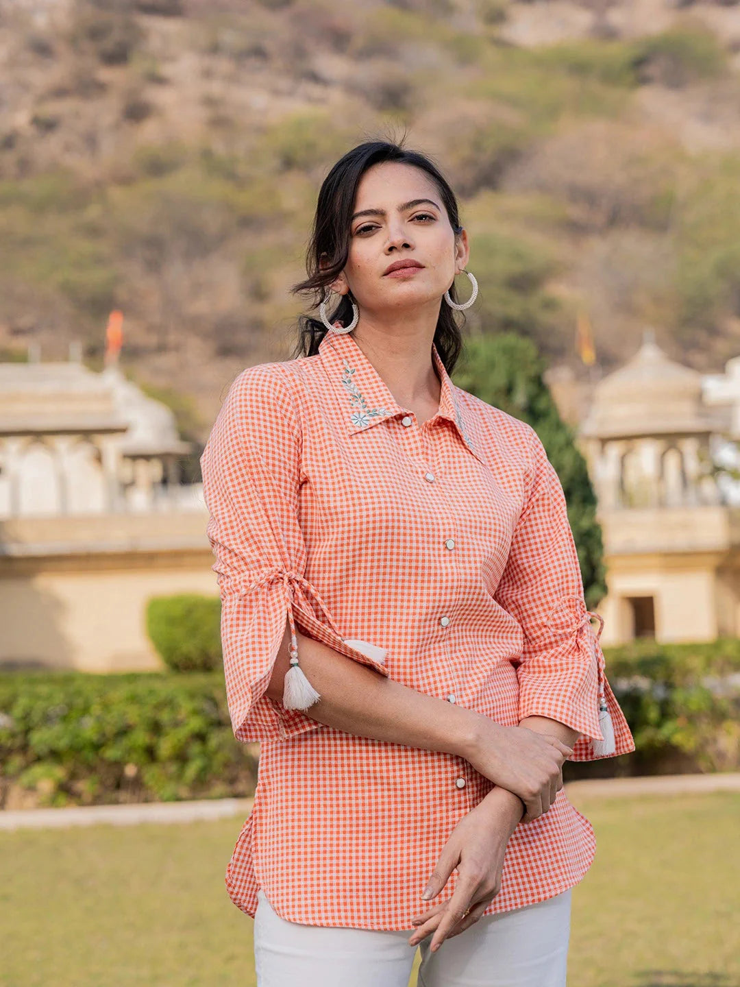 Orange Cotton Checks Printed Embroidery Top-Yufta Store-1499TOPORS