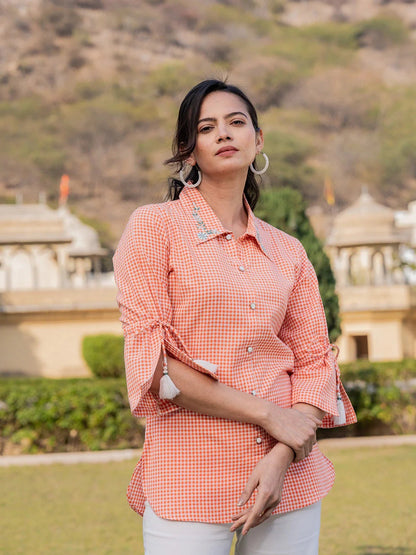 Orange Cotton Checks Printed Embroidery Top-Yufta Store-1499TOPORS