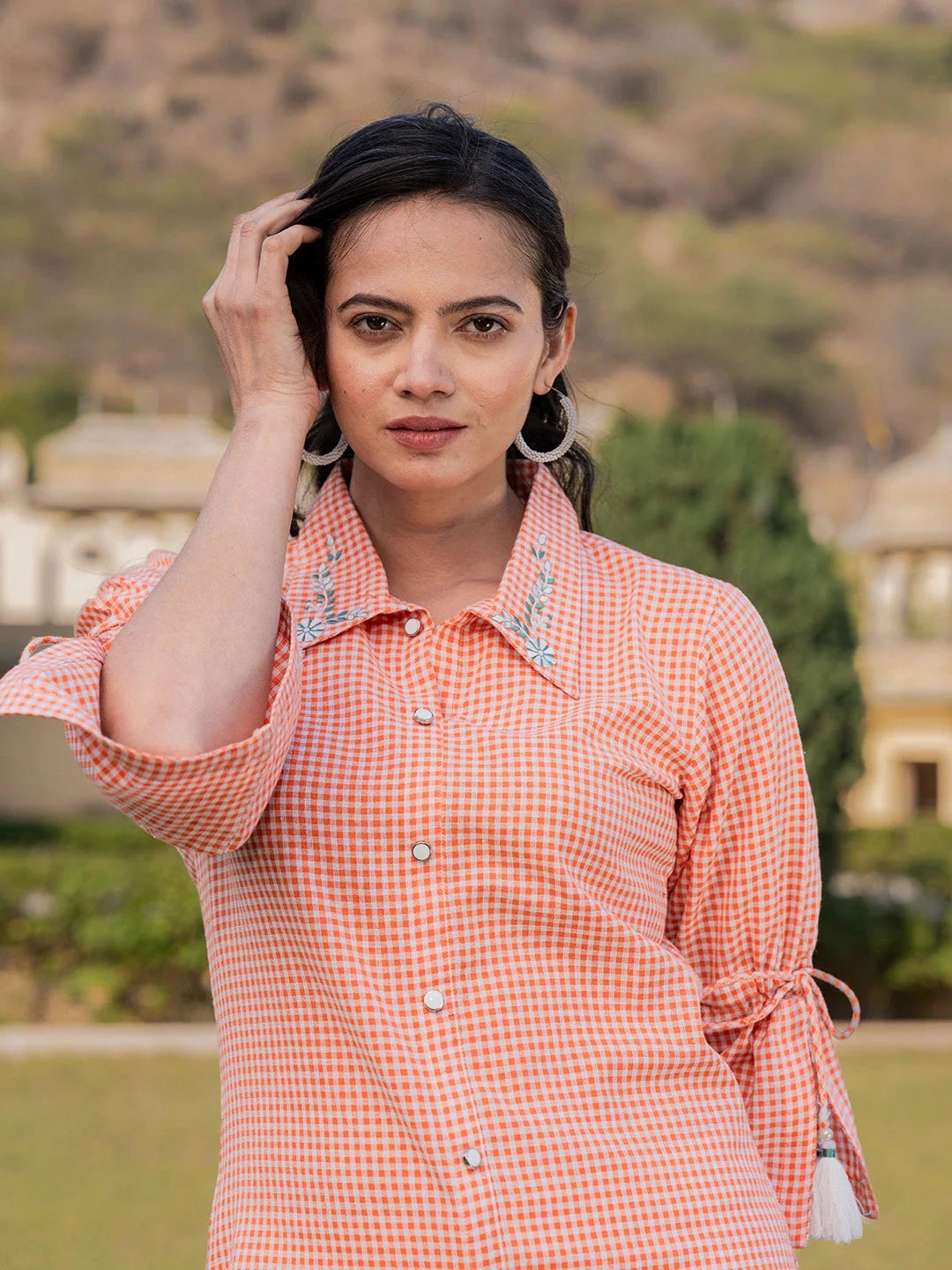 Orange Cotton Checks Printed Embroidery Top-Yufta Store-1499TOPORS