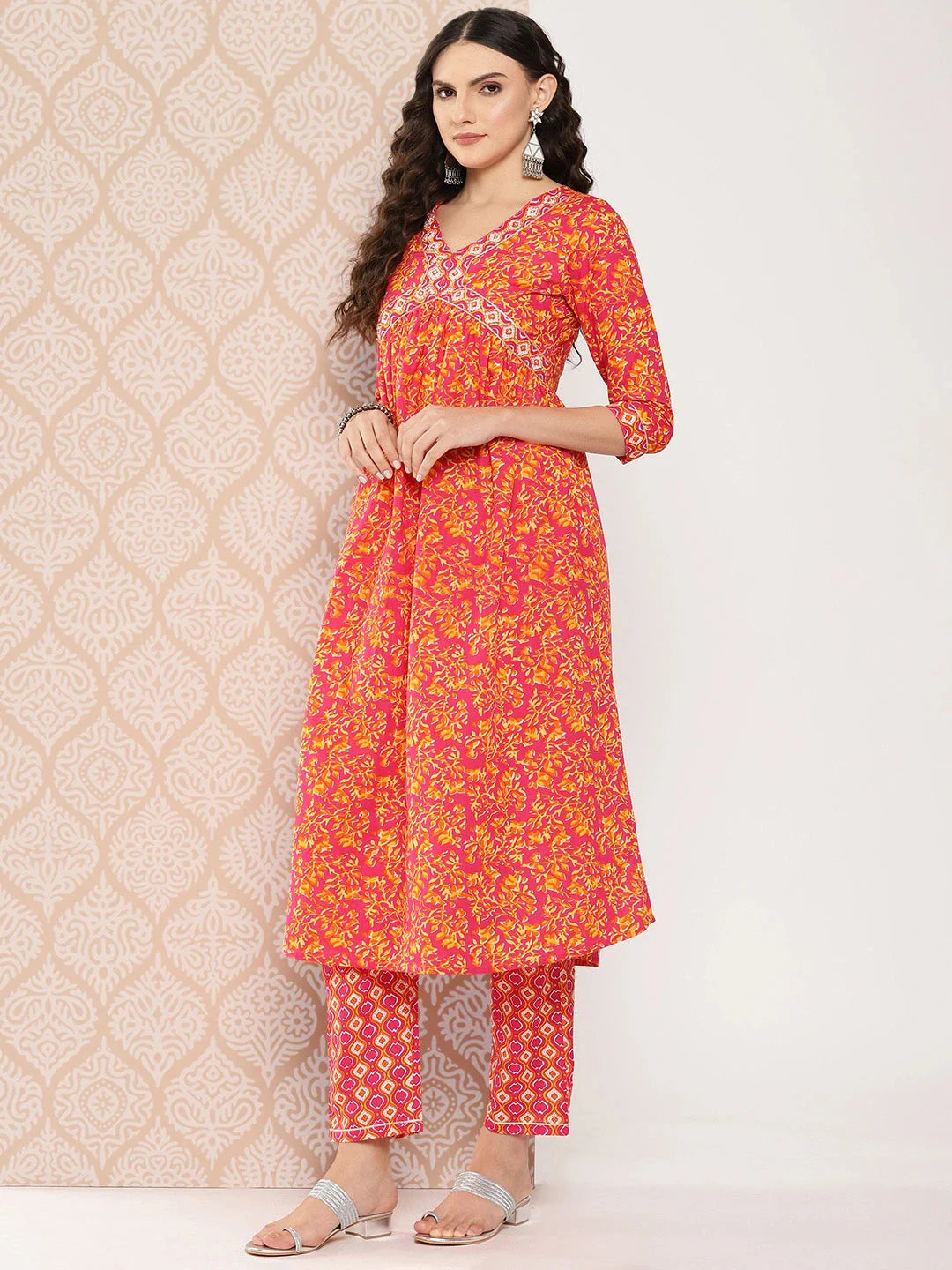 Orange Floral Printed Regular Sequinned Pure Cotton Kurta with Trousers & Dupatta Set-Yufta Store-1282SKDPKS