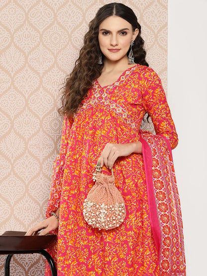 Orange Floral Printed Regular Sequinned Pure Cotton Kurta with Trousers & Dupatta Set-Yufta Store-1282SKDPKS