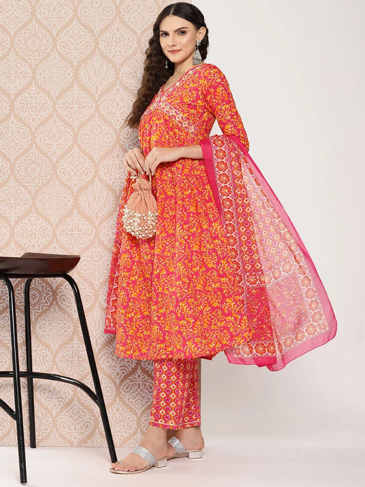 Orange Floral Printed Regular Sequinned Pure Cotton Kurta with Trousers & Dupatta Set-Yufta Store-1282SKDPKS