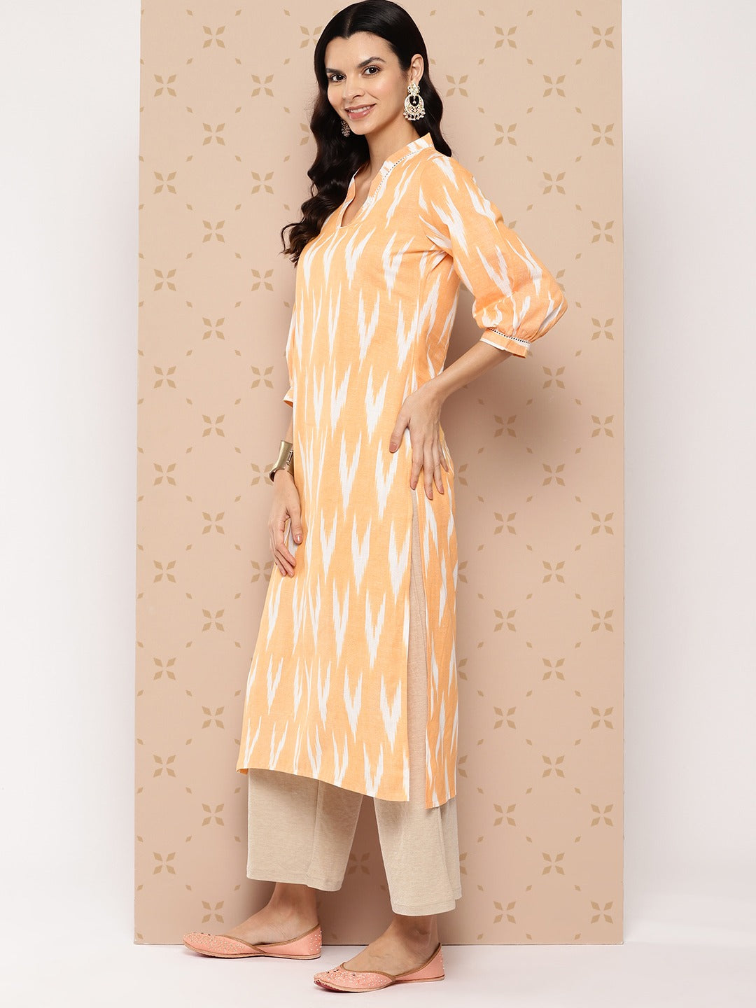 Orange Pure Cotton Ikat Print Kurta-Yufta Store-1601KURORS