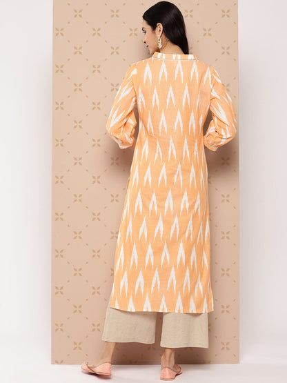 Orange Pure Cotton Ikat Print Kurta-Yufta Store-1601KURORS