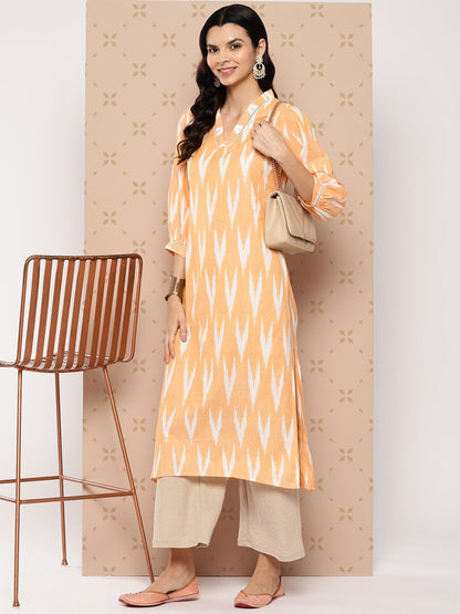 Orange Pure Cotton Ikat Print Kurta-Yufta Store-1601KURORS