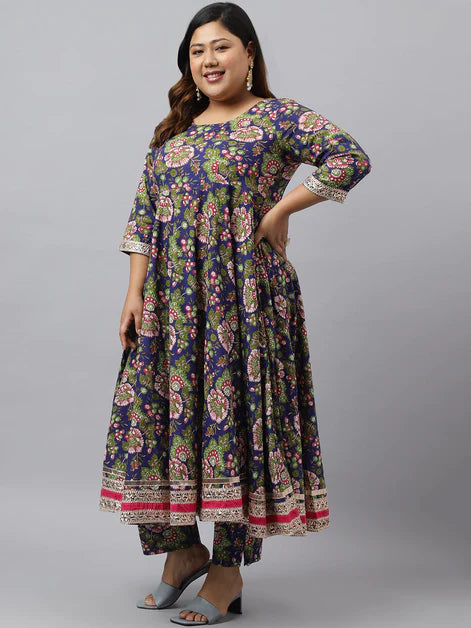 Blue Cotton Floral Block Printed Kurta with Pant and Dupatta