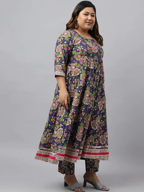 Blue Cotton Floral Block Printed Kurta with Pant and Dupatta