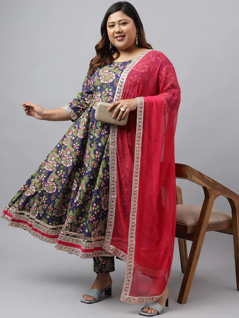 Blue Cotton Floral Block Printed Kurta with Pant and Dupatta