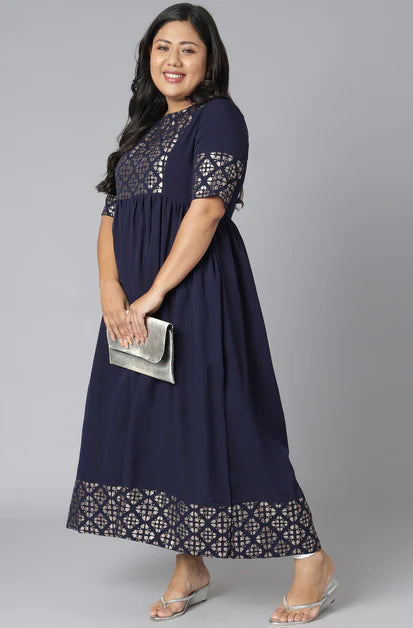 Plus Size Dark Blue Poly Crepe Foil Print Flared Kurta