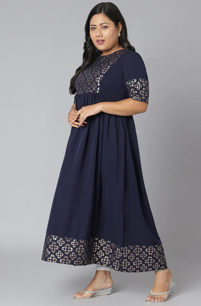 Plus Size Dark Blue Poly Crepe Foil Print Flared Kurta