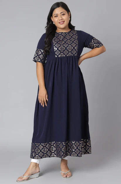 Plus Size Dark Blue Poly Crepe Foil Print Flared Kurta