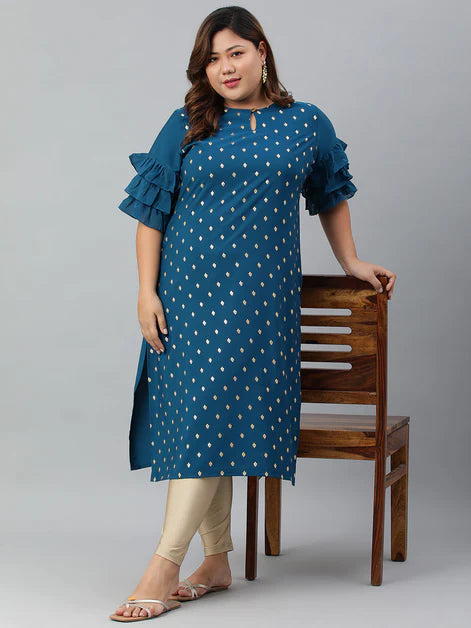 Plus Size Teal Poly Crepe Gold Print Straight kurta