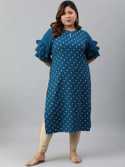 Plus Size Teal Poly Crepe Gold Print Straight kurta