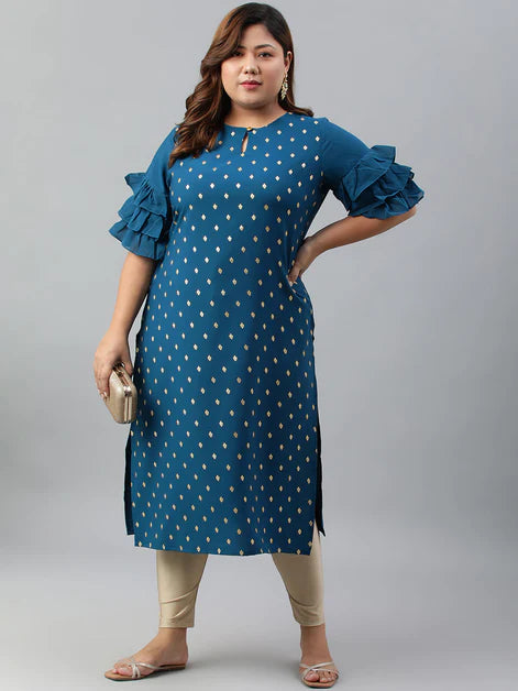 Plus Size Teal Poly Crepe Gold Print Straight kurta