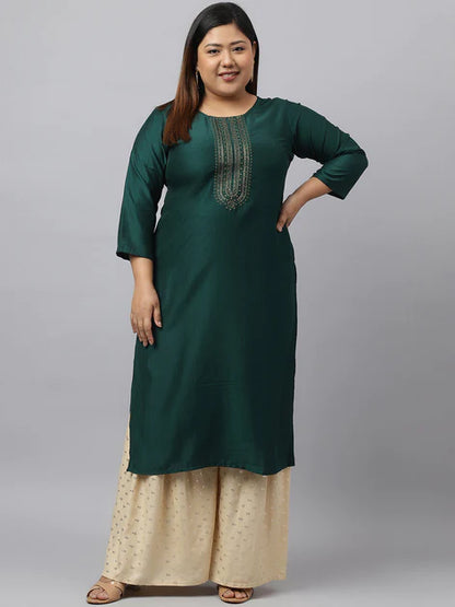 Green Poly Silk Yoke Embroidered Straight Kurta