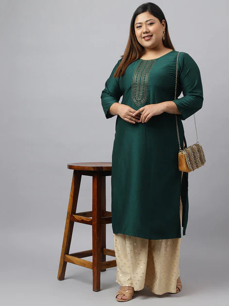 Green Poly Silk Yoke Embroidered Straight Kurta