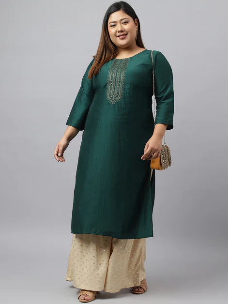 Green Poly Silk Yoke Embroidered Straight Kurta