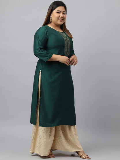 Green Poly Silk Yoke Embroidered Straight Kurta