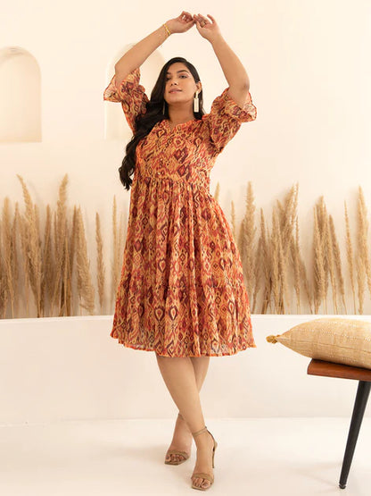 Orange Dobby Georgette Ikat Printed Flared Dress