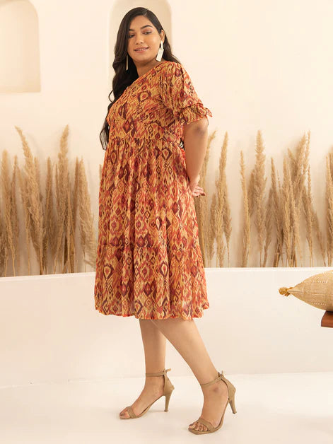 Orange Dobby Georgette Ikat Printed Flared Dress