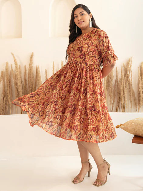 Orange Dobby Georgette Ikat Printed Flared Dress