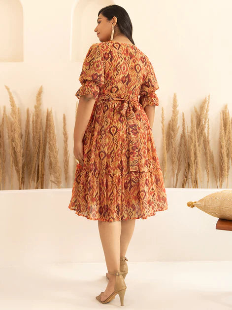 Orange Dobby Georgette Ikat Printed Flared Dress