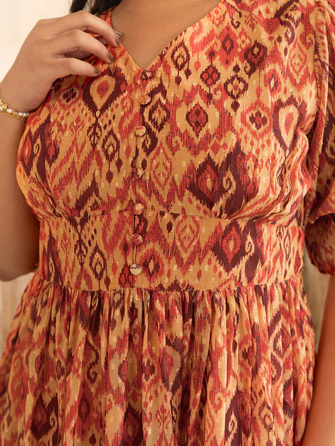 Orange Dobby Georgette Ikat Printed Flared Dress