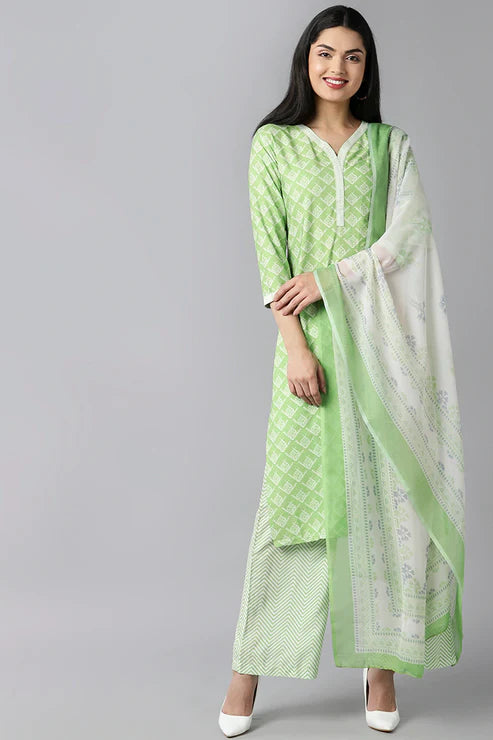 Lime Green Polyester Straight Kurta Palazzo With Dupatta