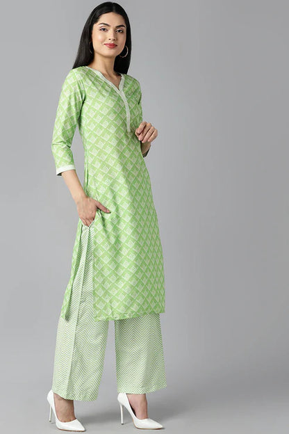 Lime Green Polyester Straight Kurta Palazzo With Dupatta