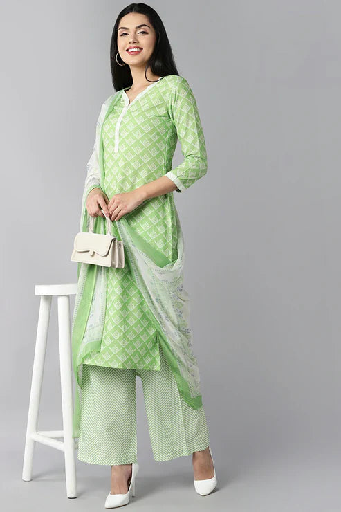 Lime Green Polyester Straight Kurta Palazzo With Dupatta