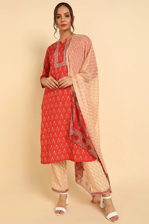 Red Poly Crepe Ethnic Motifs Straight Suit Set