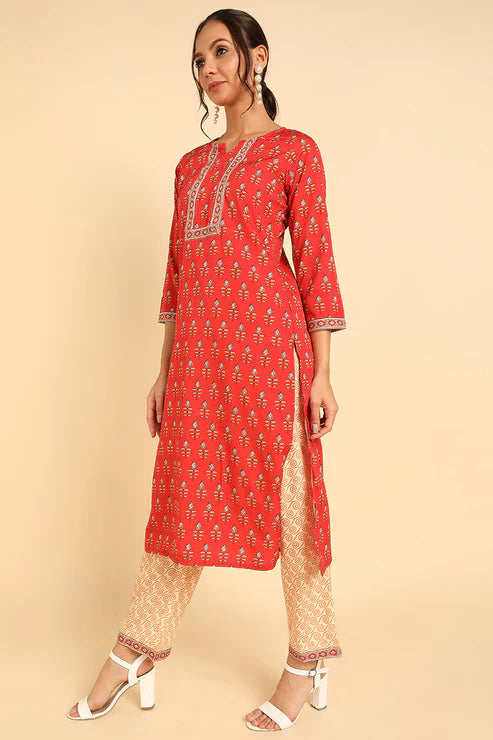 Red Poly Crepe Ethnic Motifs Straight Suit Set