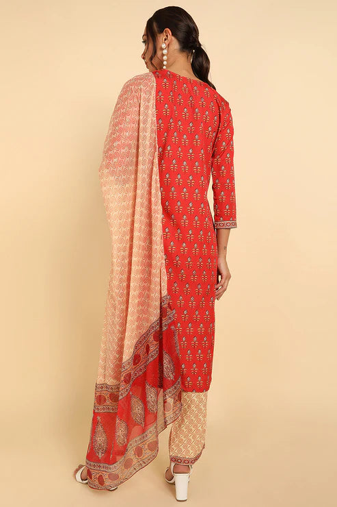 Red Poly Crepe Ethnic Motifs Straight Suit Set