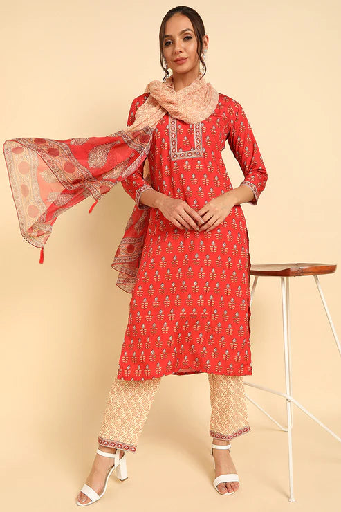 Red Poly Crepe Ethnic Motifs Straight Suit Set