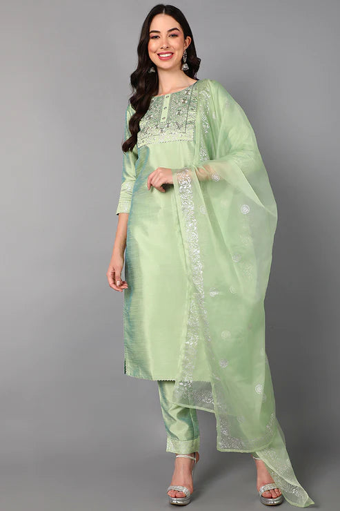 Green Floral Yoke Design Panelled Suit Set