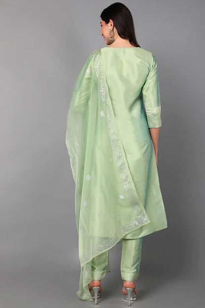 Green Floral Yoke Design Panelled Suit Set