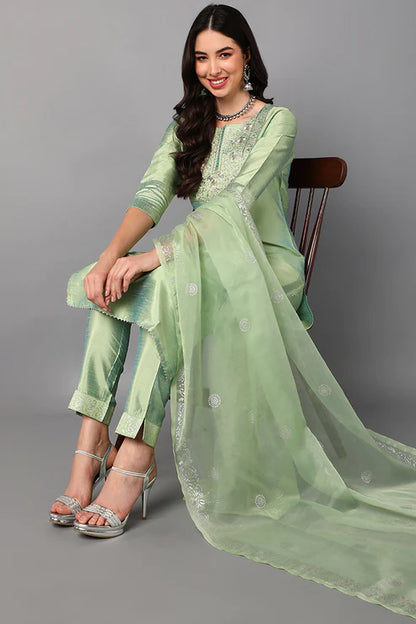 Green Floral Yoke Design Panelled Suit Set