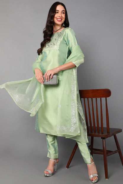 Green Floral Yoke Design Panelled Suit Set