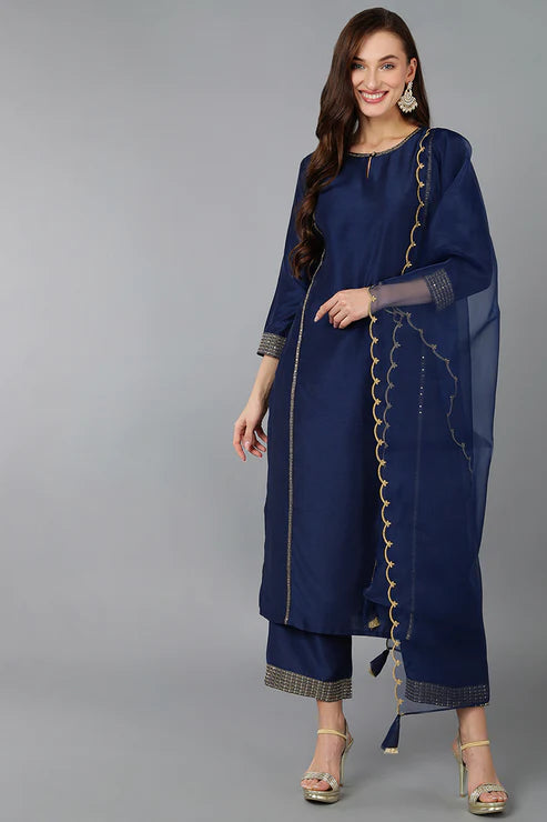 Navy Blue Silk Blend Solid Straight Kurta Trousers With Dupatta