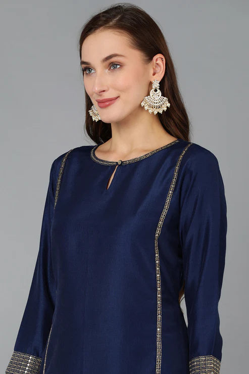 Navy Blue Silk Blend Solid Straight Kurta Trousers With Dupatta