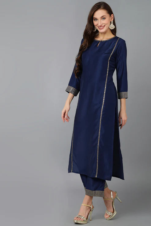 Navy Blue Silk Blend Solid Straight Kurta Trousers With Dupatta