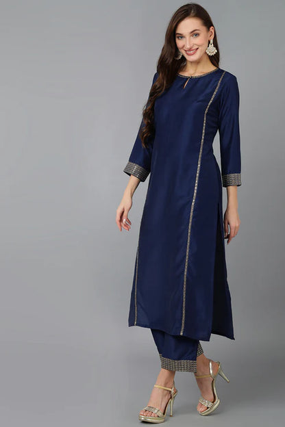 Navy Blue Silk Blend Solid Straight Kurta Trousers With Dupatta