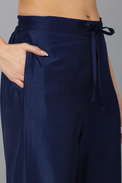 Navy Blue Silk Blend Solid Straight Kurta Trousers With Dupatta