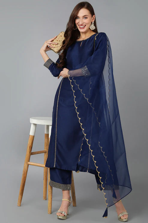 Navy Blue Silk Blend Solid Straight Kurta Trousers With Dupatta